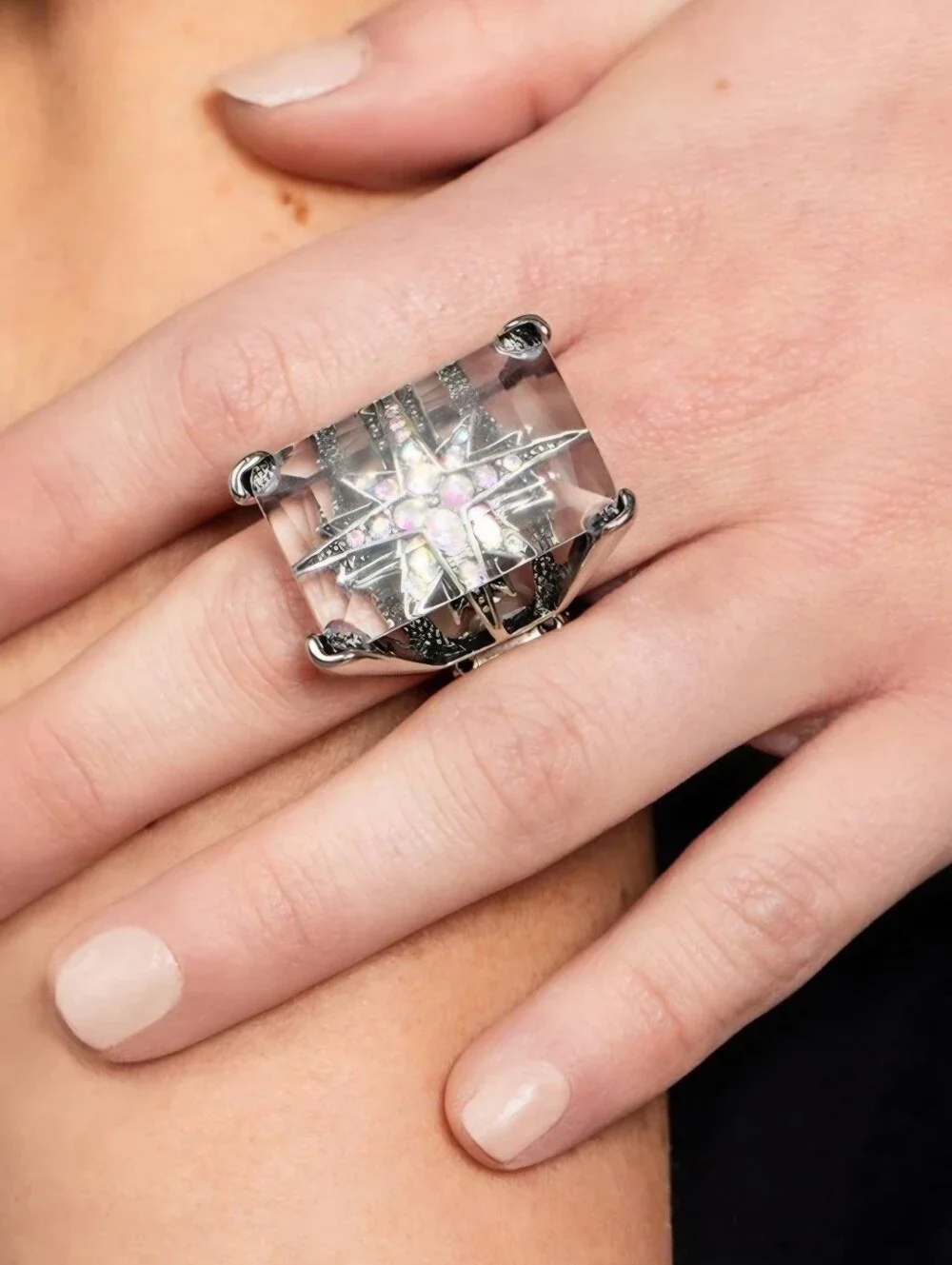 Large Cocktail Ring Clear Crystal North Star Rhinestone Fashion Jewelry
